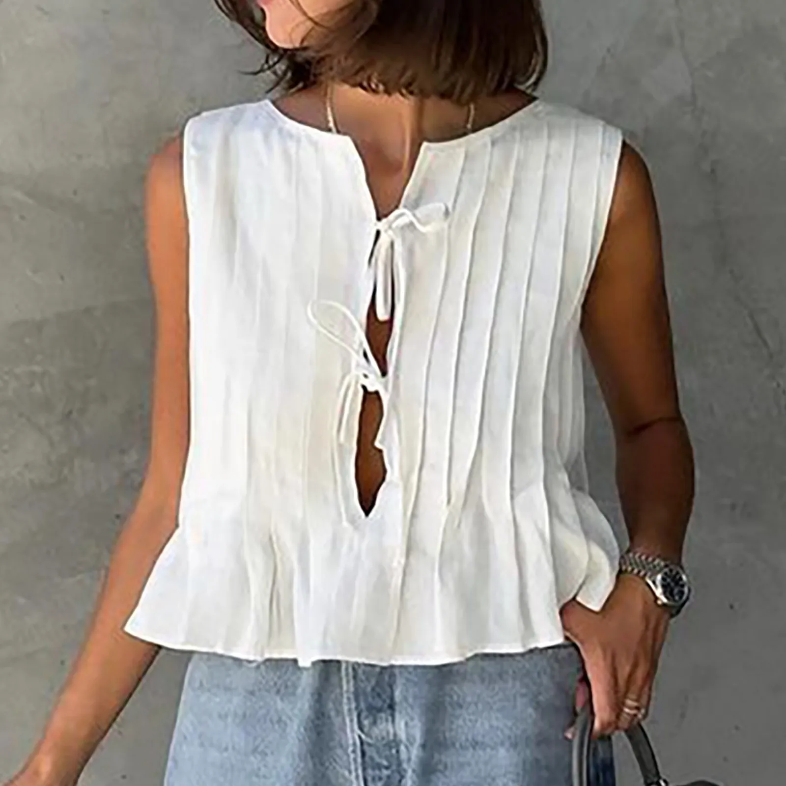 

Women's Shirts Linen Tie Tank Top Ruffle Sleeveless Pleated Casual Vest Cute Blouses Elegant Fashion Solid Color Crop Clothing