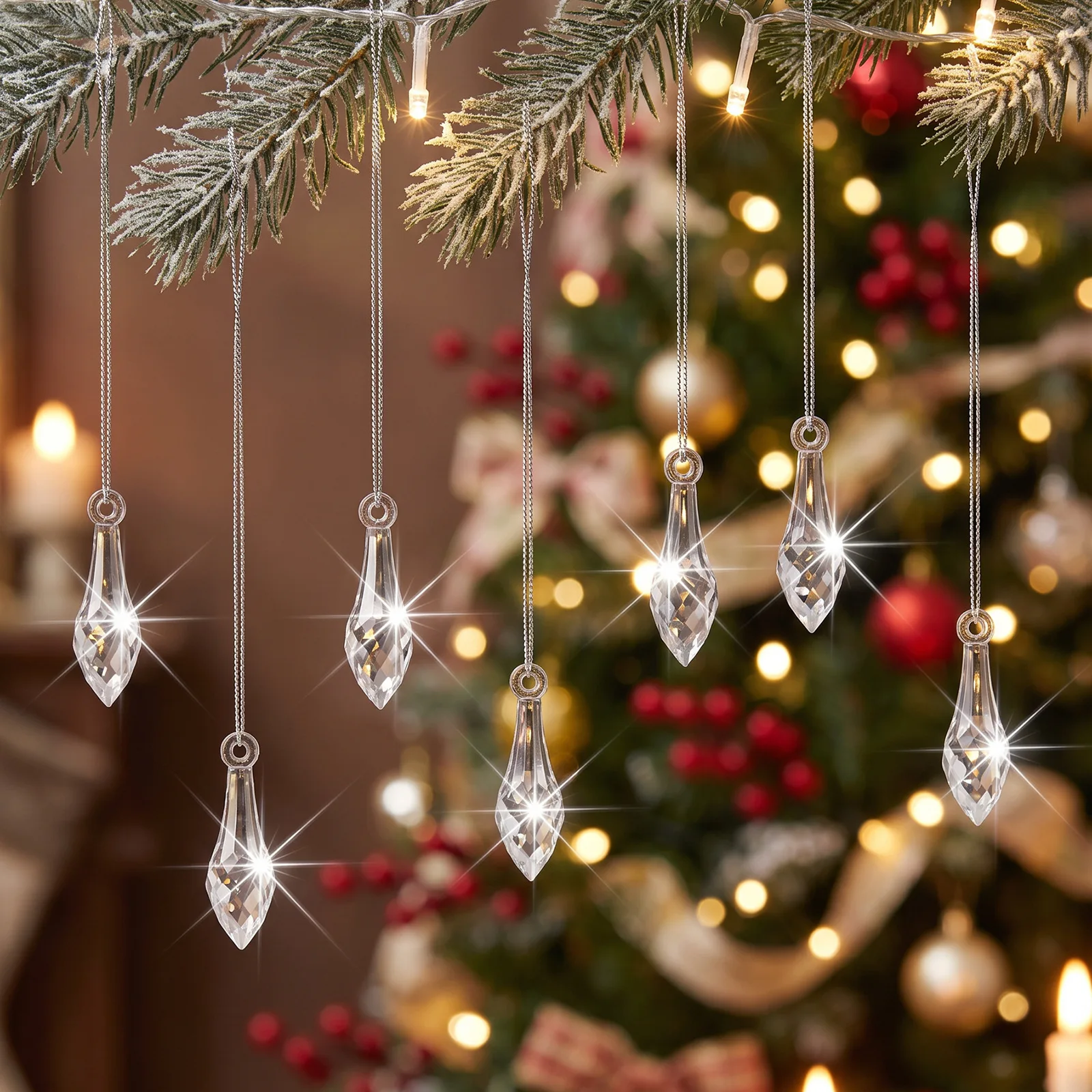 24pcs-Christmas Crystal Icicle Ornaments Clear Faceted Teardrop Hanging Decorations Tree Window Holiday Home Party Decor Gift