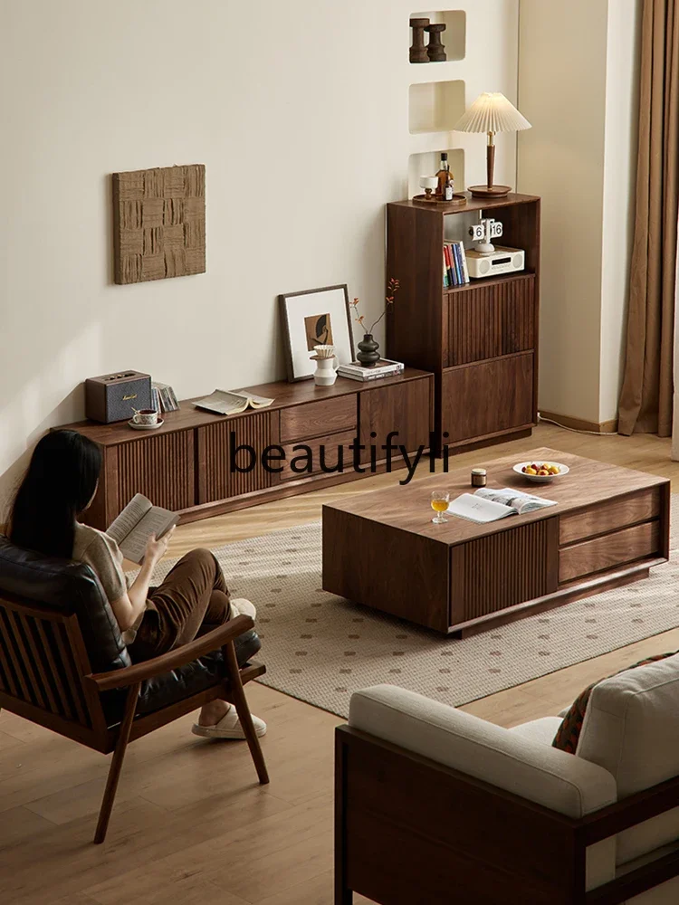 

ff North American black walnut TV cabinet Nordic simple all-solid wood floor cabinet Home living room locker