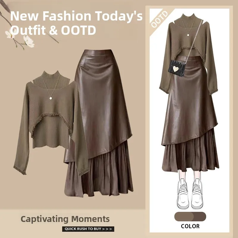 Fall Vintage Melne Women's Faion Set High Waist  Skirt Vest Tee-Piece Suit Casual Sle Long Sve Knitted Top