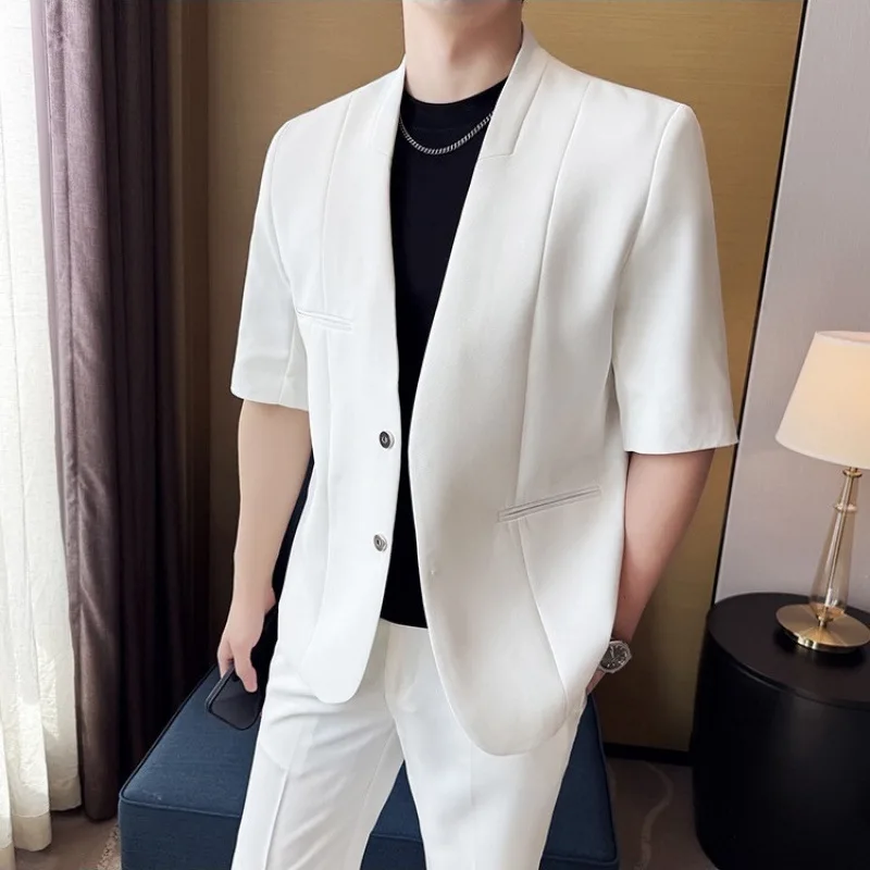Seven-quarter-sleeved Fashionable White Spring Summer Suit Ruffian Handsome Mens Clothing Casual Wide Version Relaxed And Casual