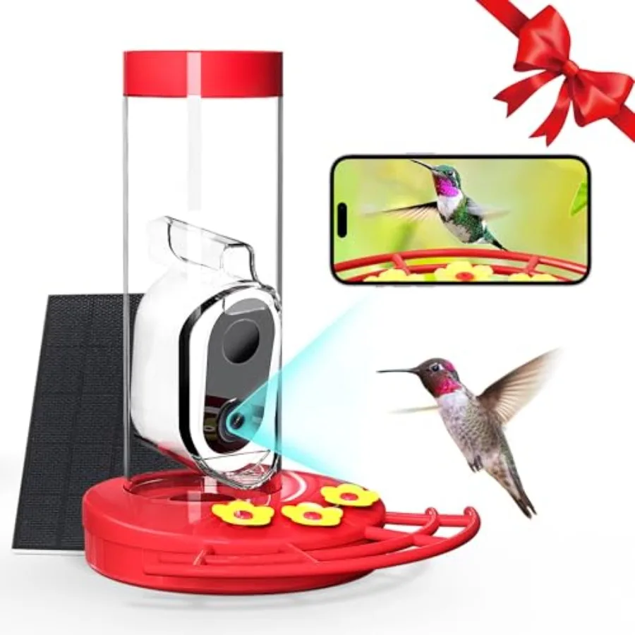 Solar Powered Hummingbird Feeder with Camera AI Identification Cloud Storage Instant Notification Outdoor Hanging 20 Ounces Bla