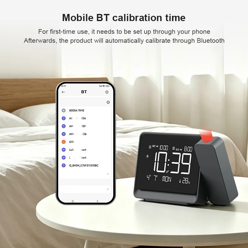 New Projection Clock Bluetooth Timing Alarm Clock Atmosphere Night Light Dual Alarm Clock Time Temperature USB Focus Projection