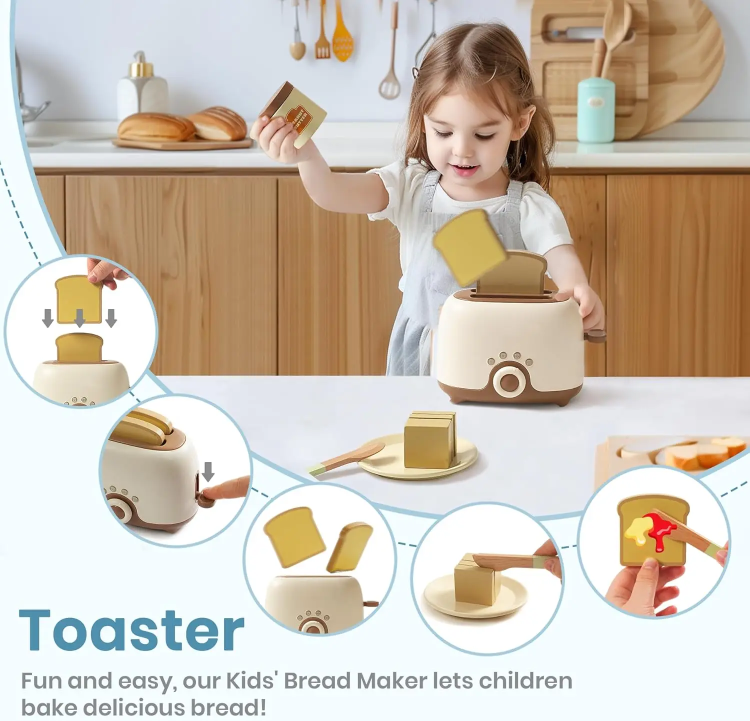 Robotime Robud Kids Toy Kitchen Set Wooden Play Kitchen Appliances with Toaster Mixer Blender  kitchen Playset for kids 4-Set