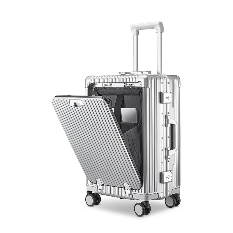 18 inch front opening suitcase multifunctional aluminum frame trolley case charging luggage water cup holder suitcase