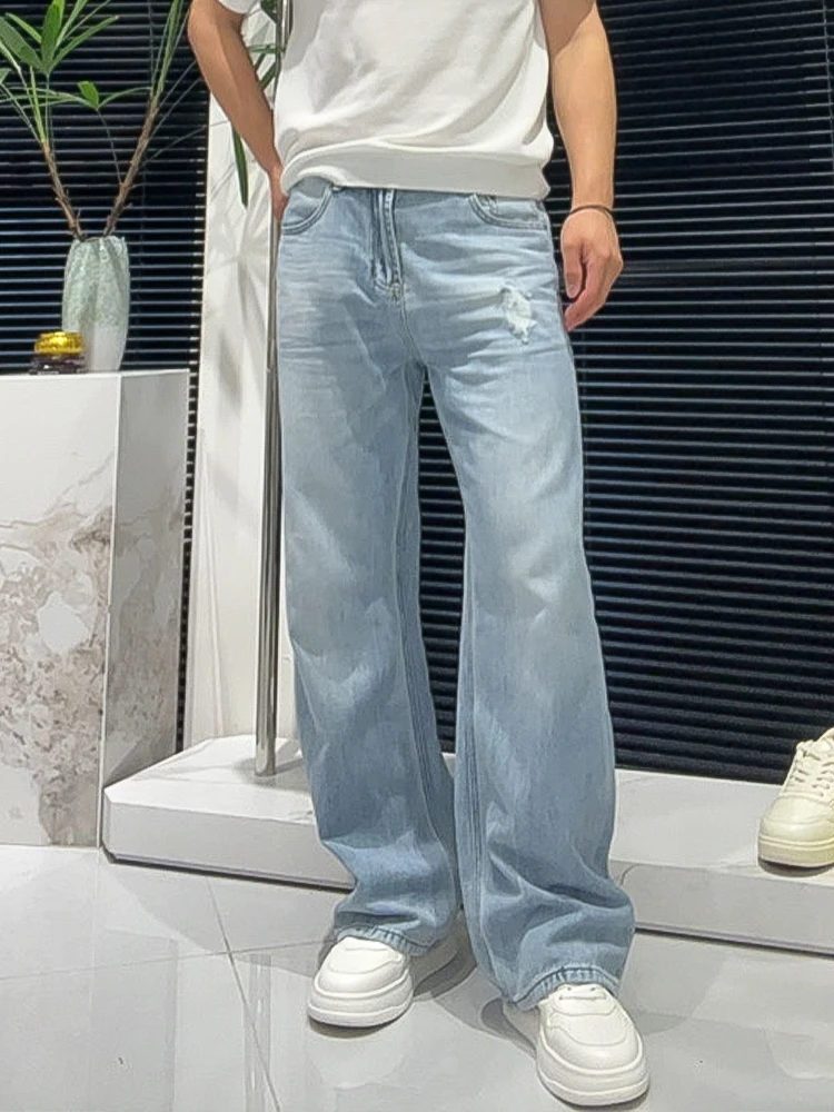 Trendy Ripped Loose Fit Men's Jeans Summer Fashion High Street Washed Straight Leg Pants Youthful Versatile Style Jeans