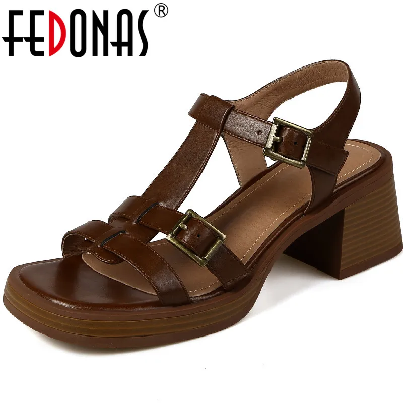 FEDONAS Women Gladiator Sandals 2025 Summer Vintage Buckle T-Strap Genuine Leather Thick Heels Pumps Casual Working Shoes Woman