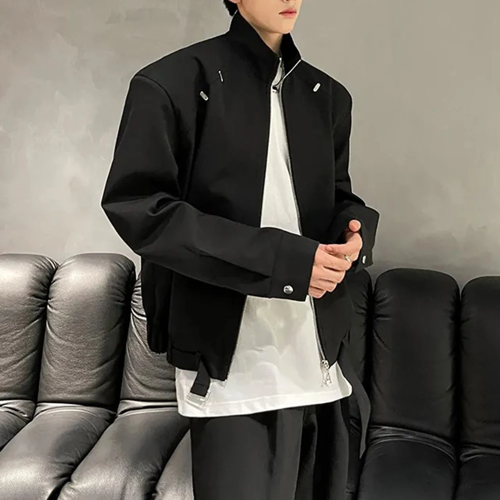 Men Autumn Jacket Metallic Decoration Belt Shoulder Pads Streetwear Fashion Outdoor Casual Versatile Top Men'S Clothing 2025 New