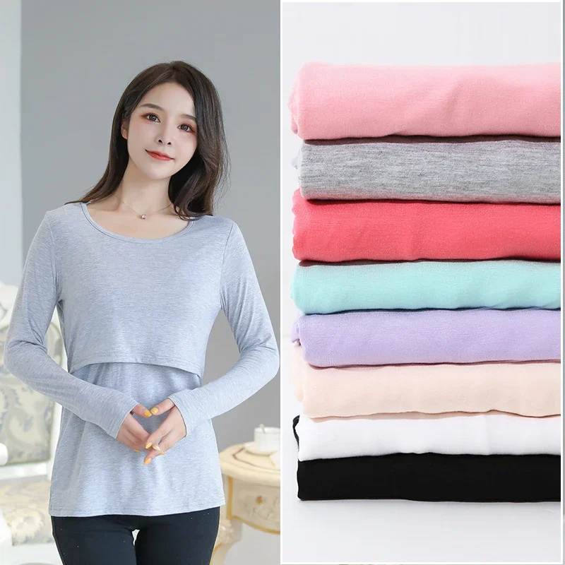 

2024 Autumn Long Sleeve O-neck Postpartum Women Nursing T-shirt Maternity Breastfeeding Top Pregnancy Lactation Tees 7 Colors