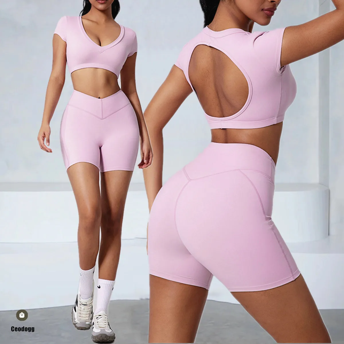 

Pad 2PCS Short Sleeve Women Gym Yoga Set Clothes Nude Sportswear Running Shorts Workout Sports Crop Top Running Suits XP73