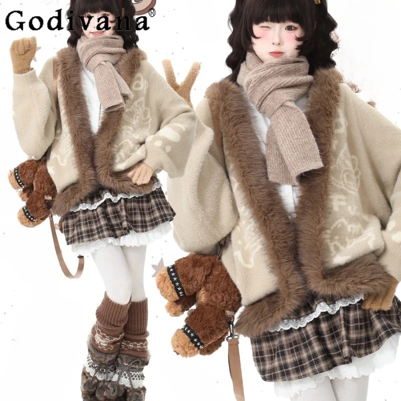 

Street Velvet Hooded Cardigan Sweater for Women Autumn Winter Japanese Style Sweet Coat Female Lolita Sweet Print Cardigan