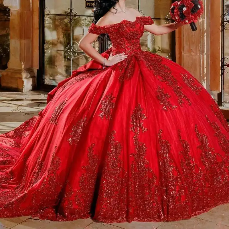 

Charming Luxury Arabic Red Quinceanera Dresses For 16th Girls Off Shoulder Lace Up Ball Gown Women Party Prom Dress Formal Wear