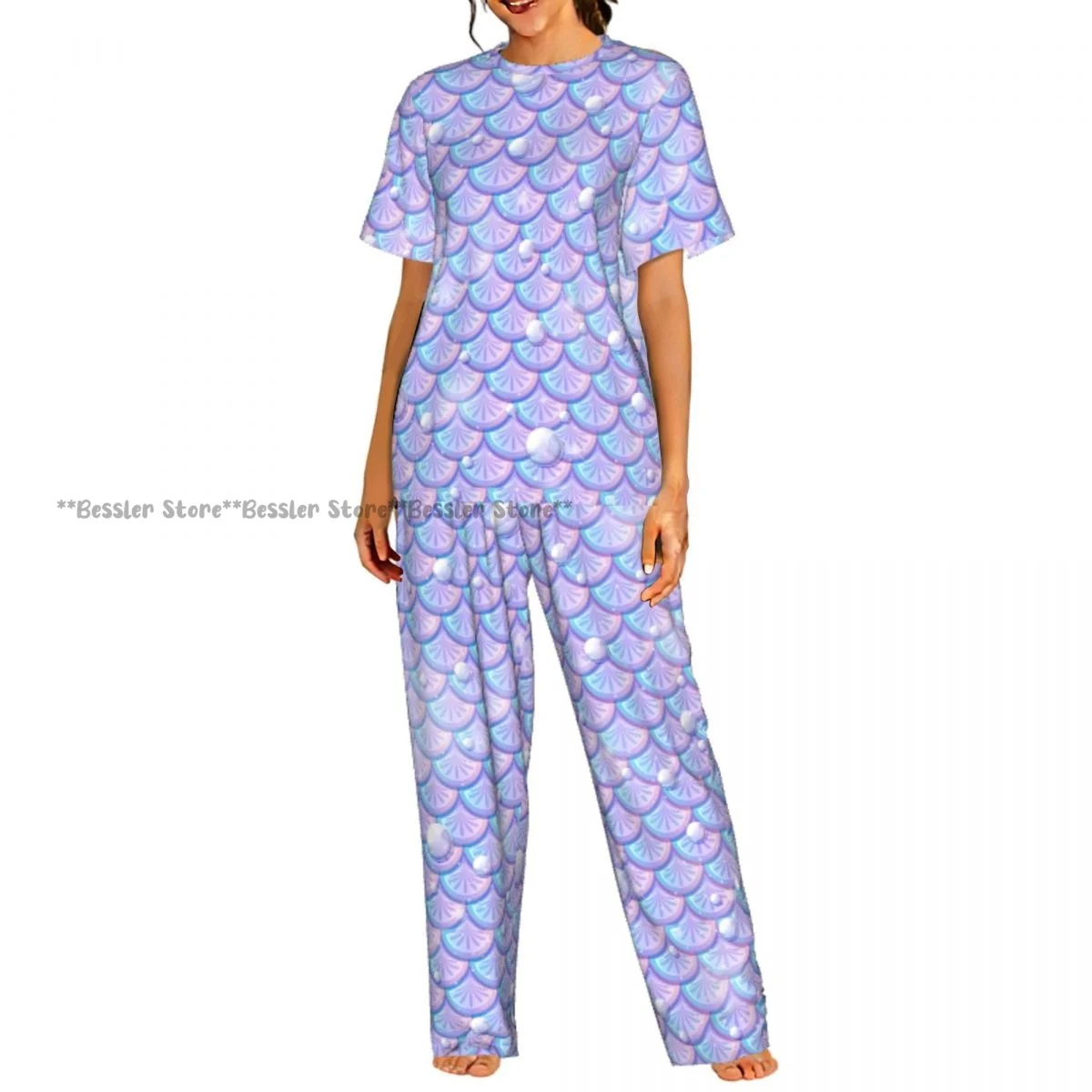 

Women's 2-piece set Pearlescent Mermaid Scales Pajamas Short sleeved Top and Pants Sleepwear