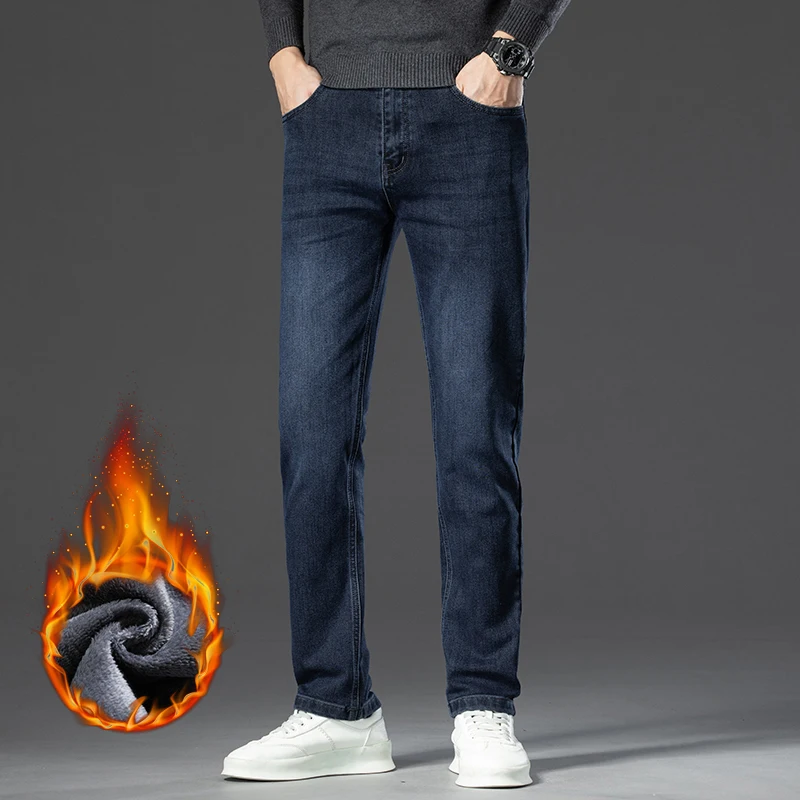 겨울 클래식 비즈니스 남성 양털 따뜻한 청바지 스트레이트 스트레치 캐주얼 두꺼운 데님 바지 워시 패션 벨벳 남성 바지