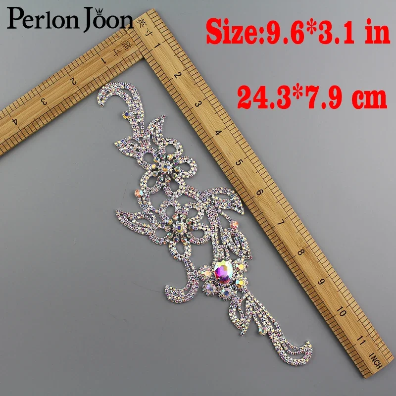 9.6*3.1 inch AB Crystal Long Flower Crystal Applique Rhinestone Patch Sew for Bridal Headdress Wedding Dress Accessories YH C013