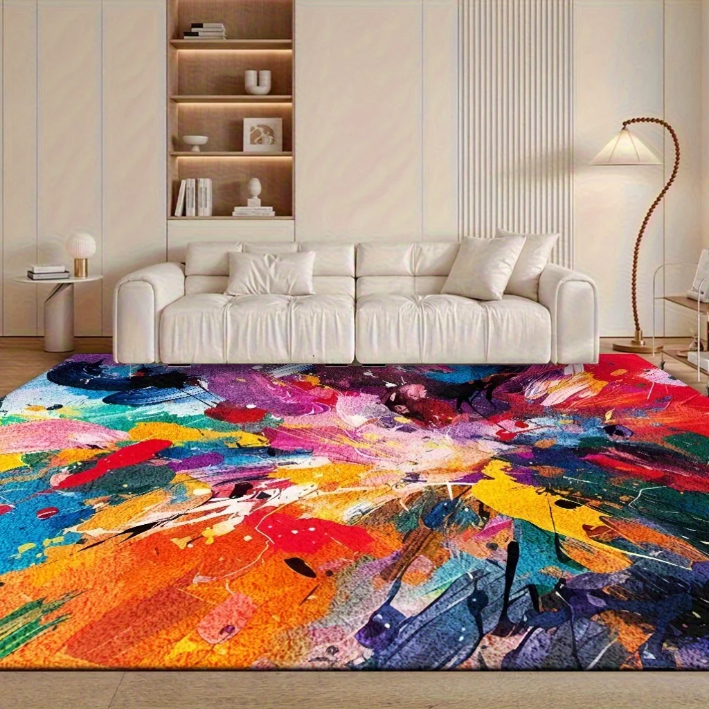 Modern Abstract Oil Painting Area Rug, Colorful Paint Splatter Art Floor Mat, Non-Slip Washable Living Room Carpet