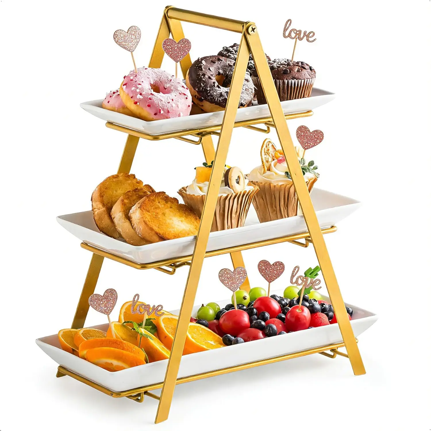 

3-Tier Porcelain Serving Tray Set with Collapsible Stand, Gold Finish, 10-14 Inch Platters for Elegant Food Display