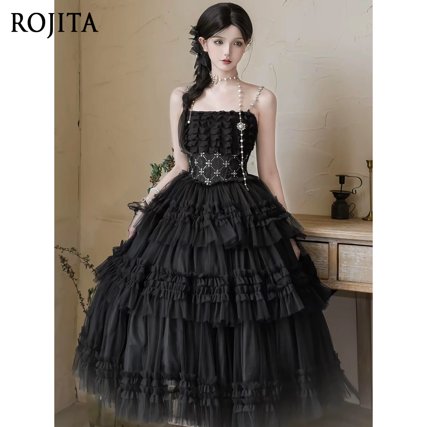

Black Princess Dresses Lolita Sweet Mesh High Waist Evening Long Dress Women Summer New Birthday Party Sleeveless Slimming Dress