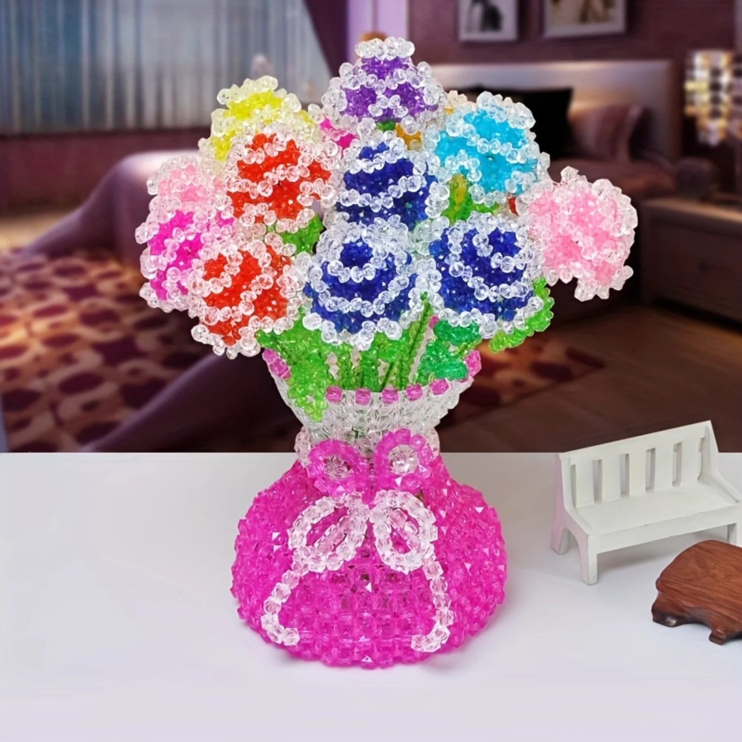 Elegant Beaded Bow Vase - Acrylic Craft Decor, Perfect Gift for Couples & Friends