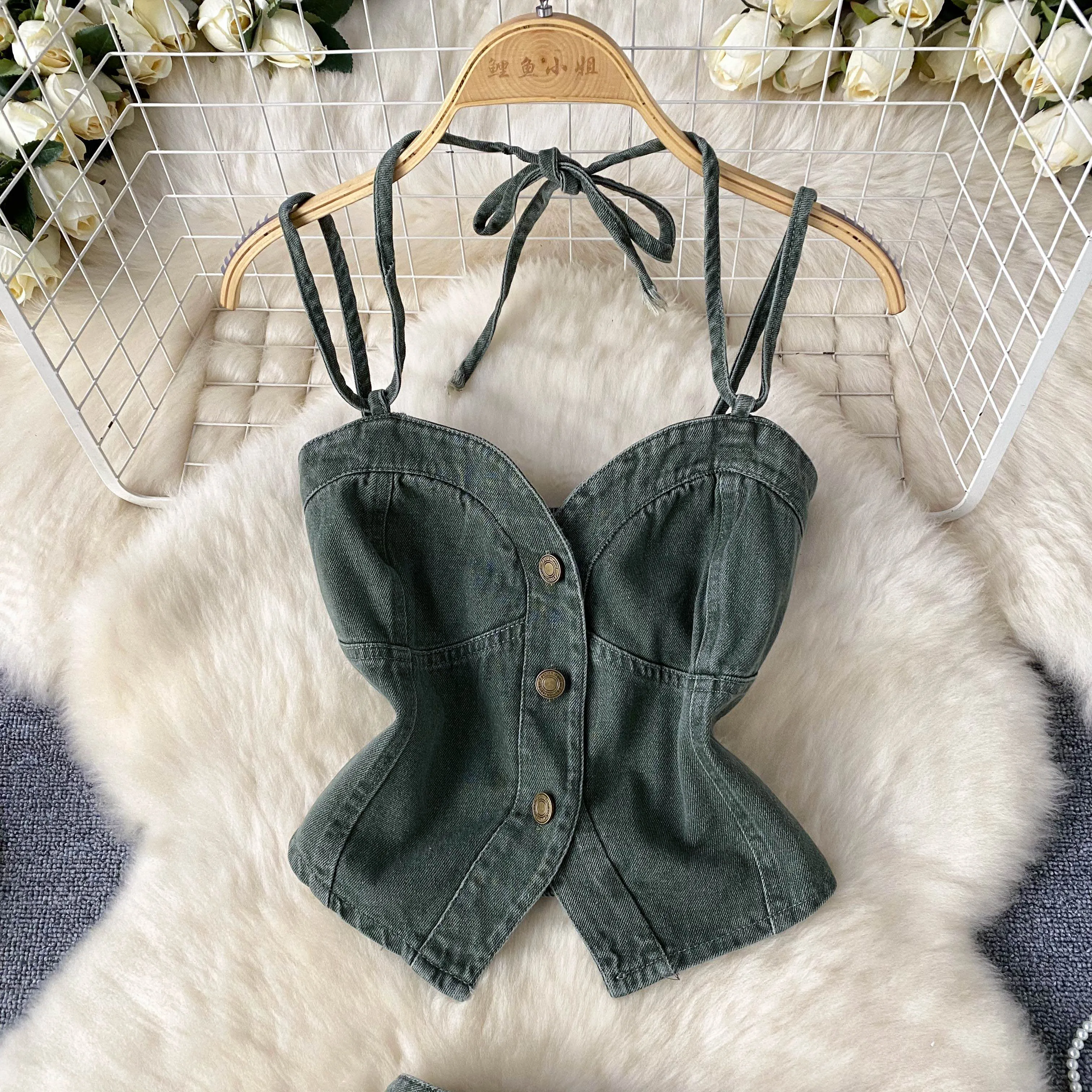 Women Summer New Arrived Denim 2-piece Suits Spaghetti Strap Button Tops Vest+High Waist Zipper Sashes Mini Skirt Clothes Sets