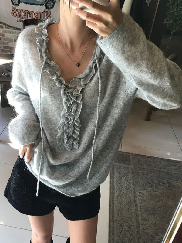 

Sweet Spring New Style Chic Women's Sweater Ruffle Collar Earlet Flower All-Match Knitted Shirt French Style Loose Fit Long S...
