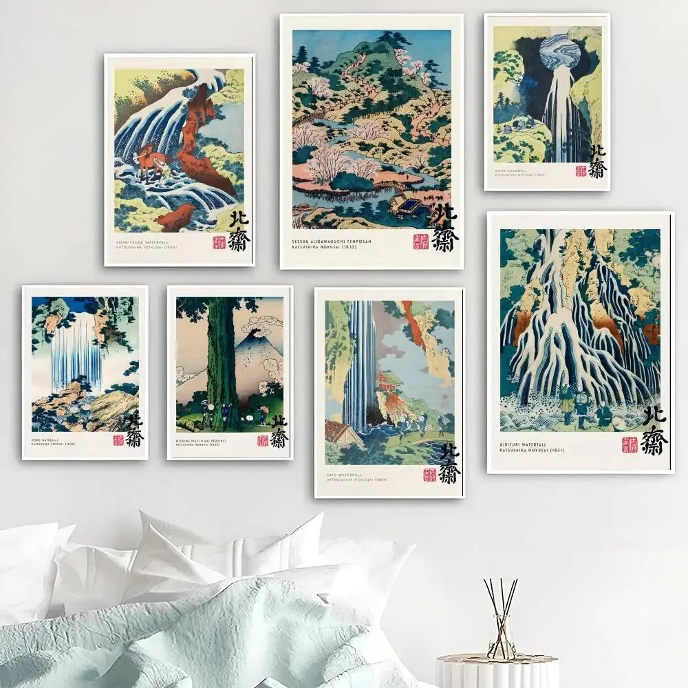 Katsushika Hokusai Waterfall Ukiyo-e Poster Vintage Japanese Landscape Woodblock Print for Living Room Tea Room Wall Decor
