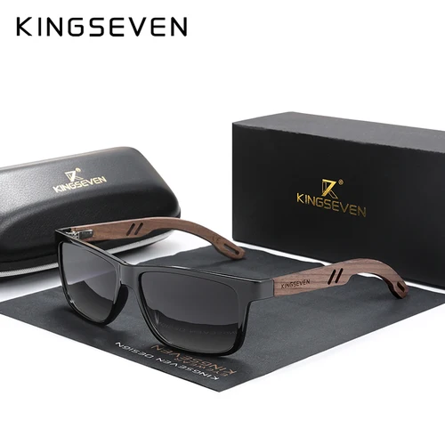KINGSEVEN 100% Gafas De sol polarizadas Vintage De madera para hombre, Gafas De sol cuadradas De moda con protección UV400, Gafas De sol para mujer