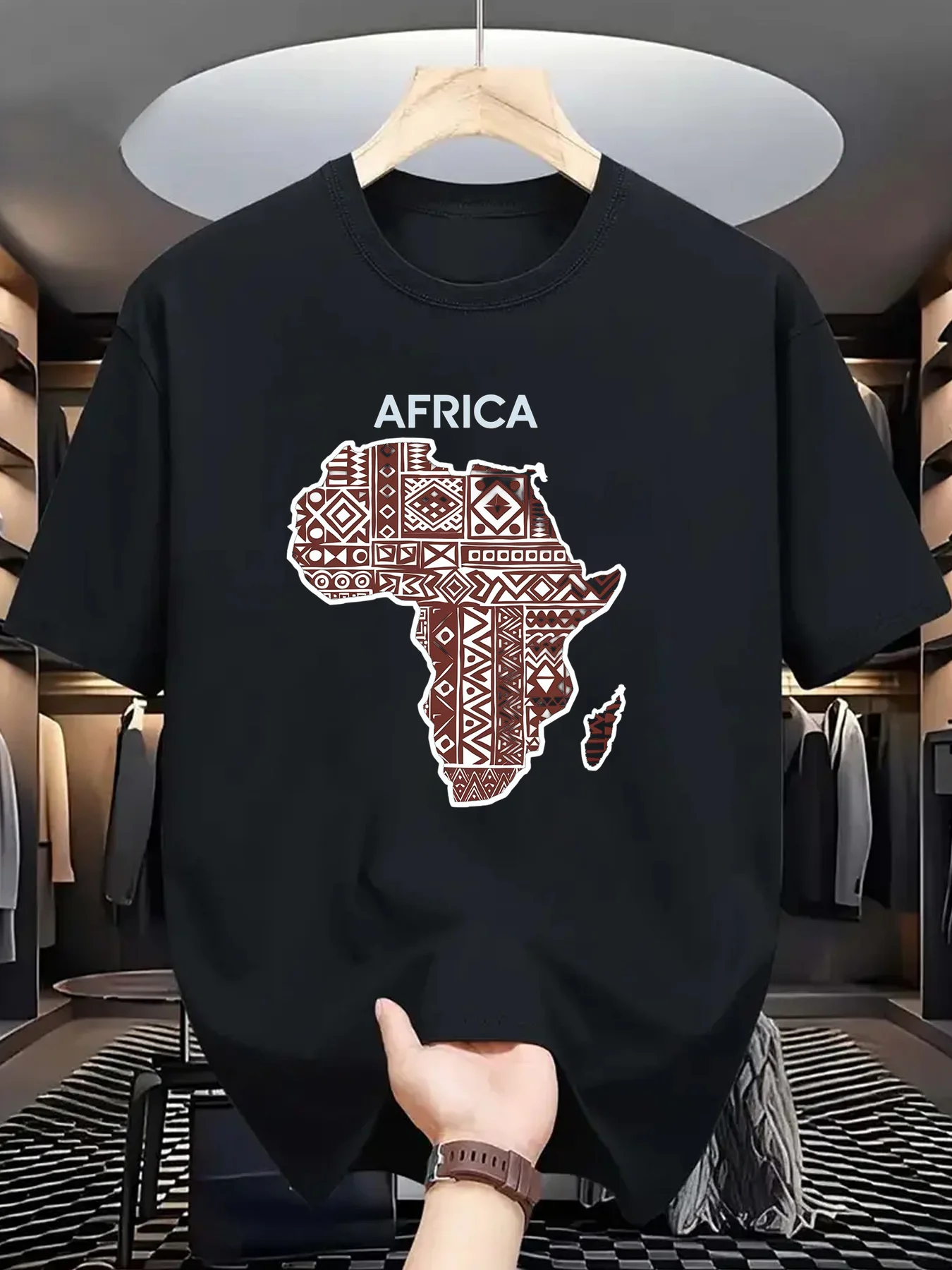 เสื้อยืดผู้ชายลายกราฟิกแอฟริกา ผ้าฝ้ายแท้ ดีไซน์แผนที่แอฟริกา สวมใส่สบาย ระบายอากาศได้ดี