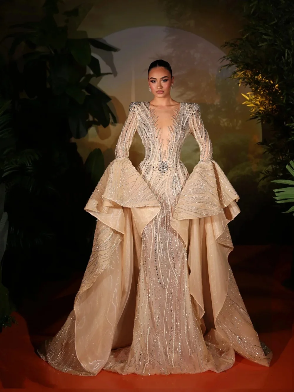 Luxury Wedding Dresses Pearls Crystal Mermaid Bridal Gowns Sequins Beading Flare Sleeve Princess Customized Vestidos De Novia
