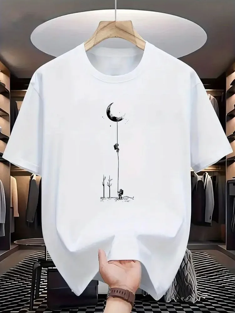 Summer Women's 100% Pure Cotton Casual  Moon Landing Pattern Printed Round Neck Short Sleeved T-shirt Top