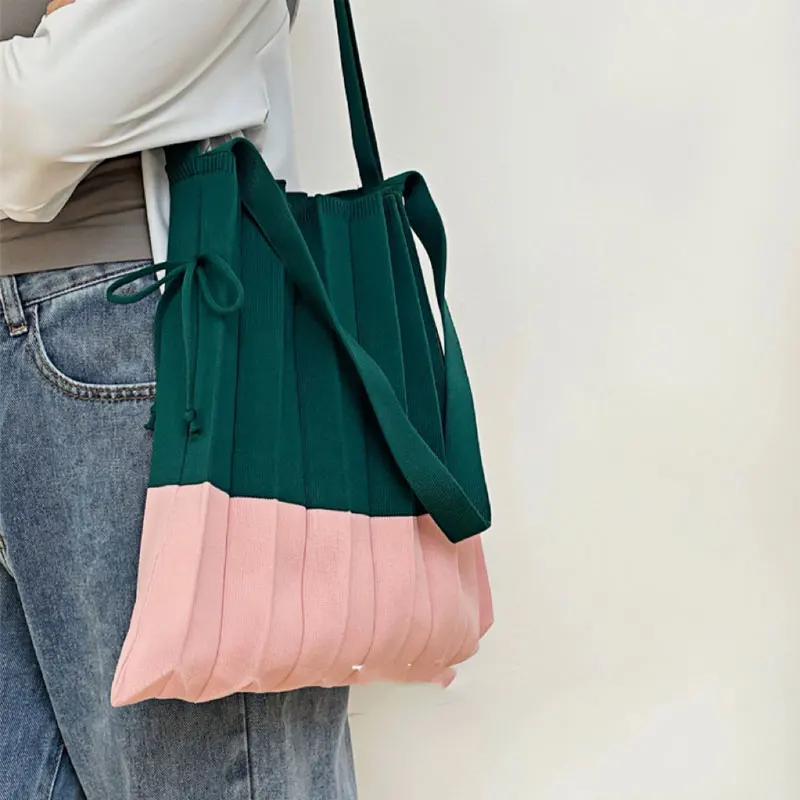 New Knitted Pleated Handbag Women Shoulder Bag Foldable Color Wide Stripe Plaid Tote Bag Large Capacity Reusable Shopping Bag