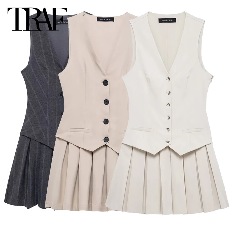 

TRAF женские платья мини-плиссированное платье лето 2025 сарафан без рукавов с v-образным вырезом на пуговицах короткие платья модные лоскутные платья