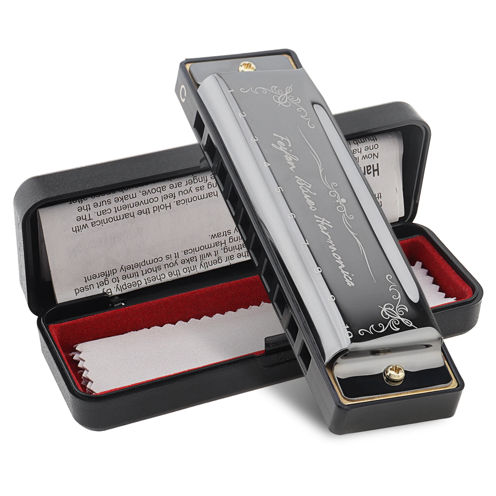 10 Holes 20 Tunes KeyC Blues Harmonica Black Mouth Organ Harp for Beginner / Gift with Brass Reed Plate