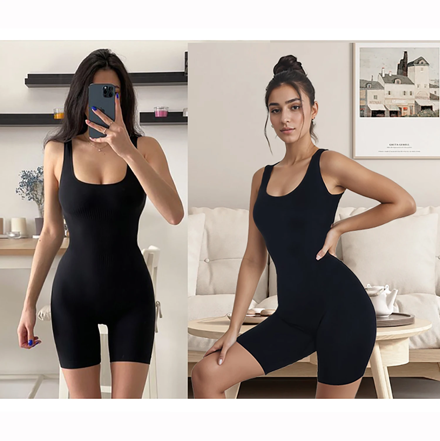 AOYLISEY – combinaison une pièce sans manches pour femmes, Sexy, col en U bas, dos nu, barboteuse courte, Yoga, entraînement, gymnastique