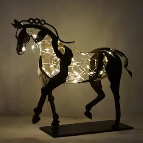 Escultura de caballo de diseño abstracto moderno, figura artística, decoración del hogar, calidad hecha a mano con adornos de luces de cadena, regalo de Navidad