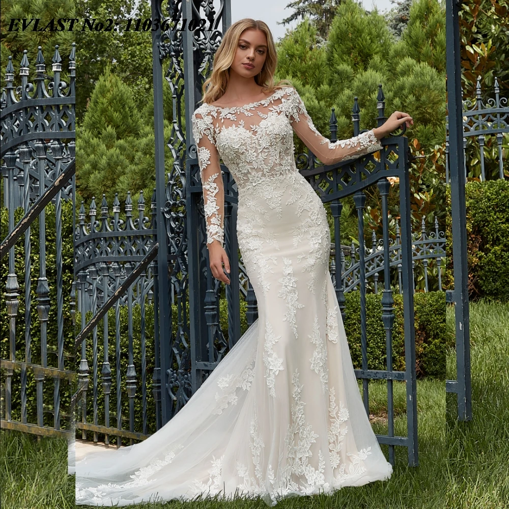 

EVLAST Customized 2025 Mermaid Long Sleeve Wedding Dress Lace Applique Beading Vestido De Novia Bridal Gown Robe De Mariee MD16