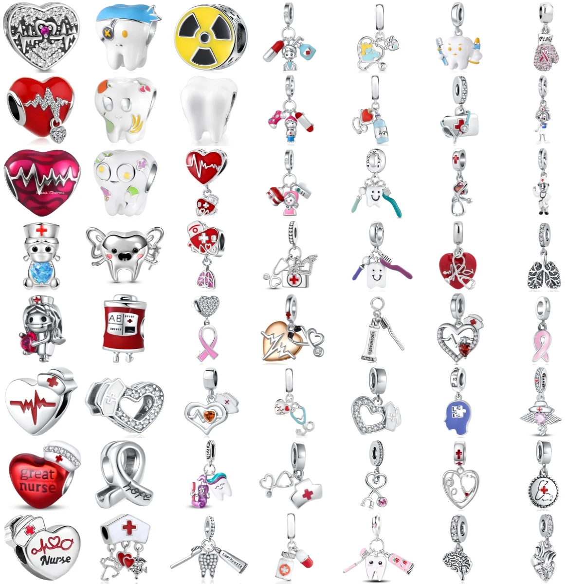 Breloques en argent sterling 925 pour infirmières, perles, pendentifs en forme de dent, cœur, croix rouge, bijoux cadeau