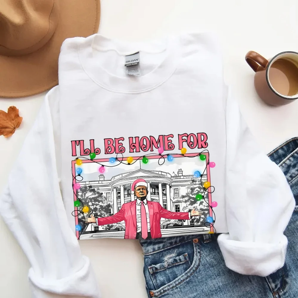 I'll be Home Top damski Trump Character Print Christmas Style Unisex Bluza z kapturem Bluza codzienna Modny długi rękaw