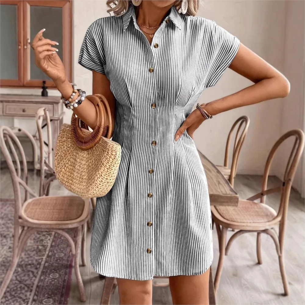 Camisa a rayas estampada de verano, vestido de manga corta para mujer, moda ajustada con cintura ceñida, caderas, cárdigan de una sola botonadura para mujer