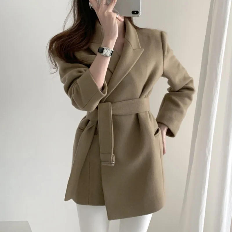 Elegant OL Office Lady woolen coat autumn outwear Women's Clothing Jacket 2025 new spring women's jacket with belt