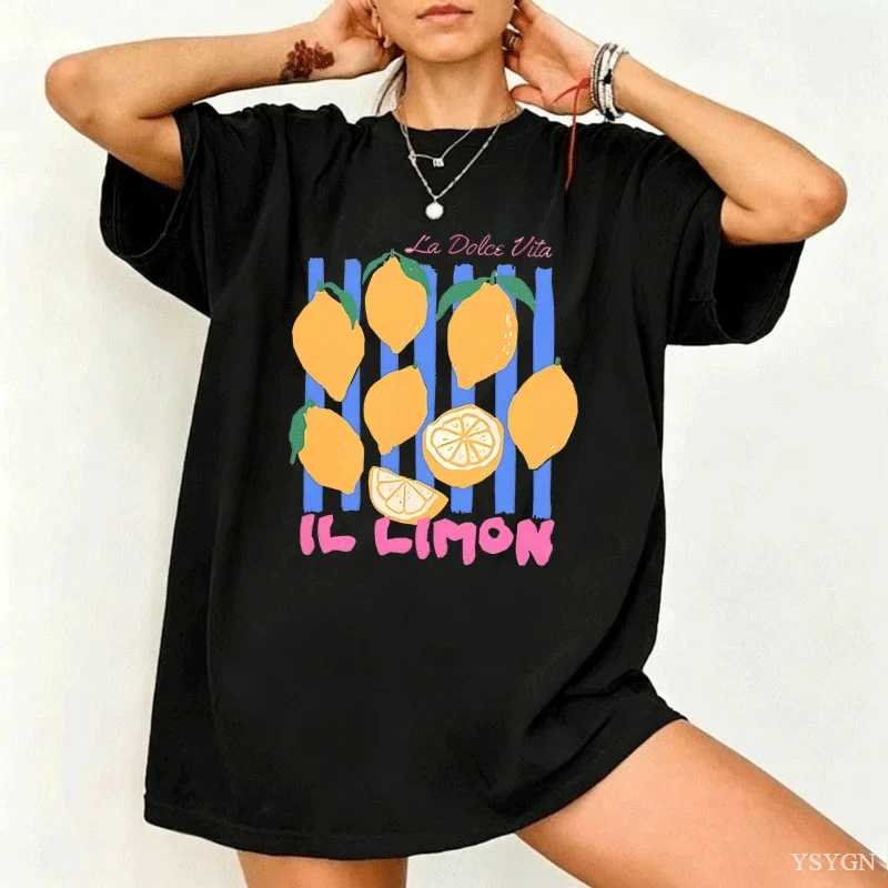 Lemon Tshirt Italian Summer Fruit T Shirt Cotton Short Sleve Loose Tshirt Women Ladies Vintage Graphic Tees Aesthetic Clothes