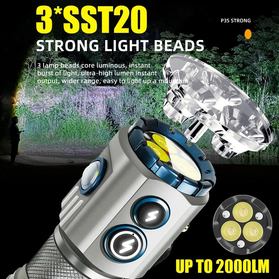 Powerful 2000LM EDC Flashlight Type-c Rechargeable Portable LED Torch RGB Side Lamp with Tail Magnet For Camping Hiking Lantern