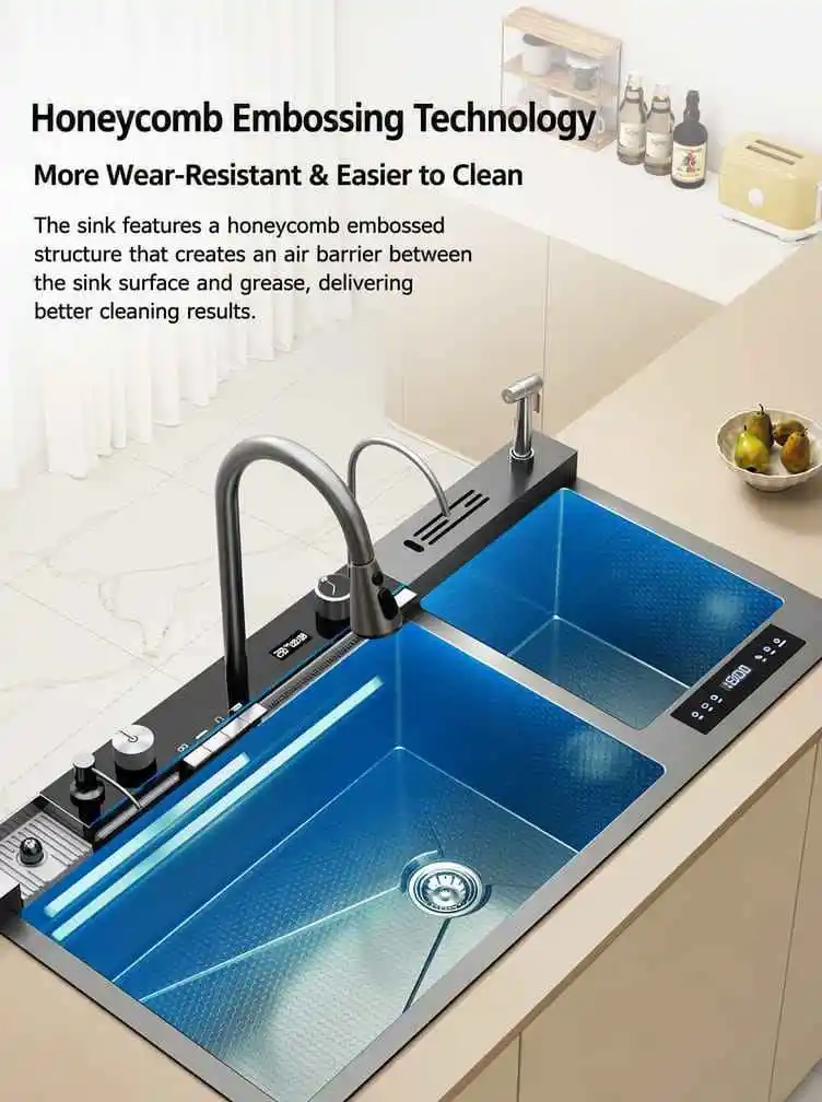 Fruit Vegetable Purification Kitchen Sink Double Bowl Water Catalyst Smart Touch Gunmetal Black Stainless Steel 1000x500mm