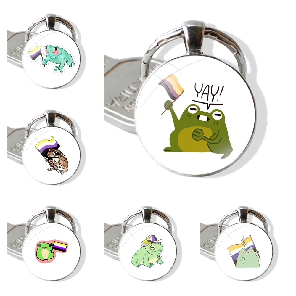 Keychain Handmade Glass Cabochon Key Ring Holder Pendant Key Chains Non Binary Pride Frog