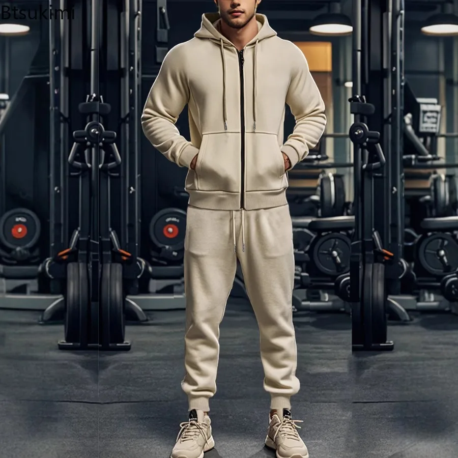 2025 New Men's Hoodies Sets Thicken Fleece Warm Long Sleeve Zipper Sweatshirts Pants 2 Piece Sets Autumn Winter Tracksuits Male