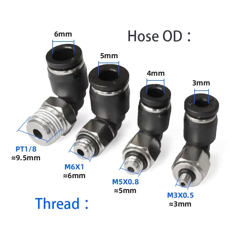 Mini Pneumatic Air Connector Elbow Fittings PL 3 4 5 6mm Male Thread M3 M4 M5 M6 1/8