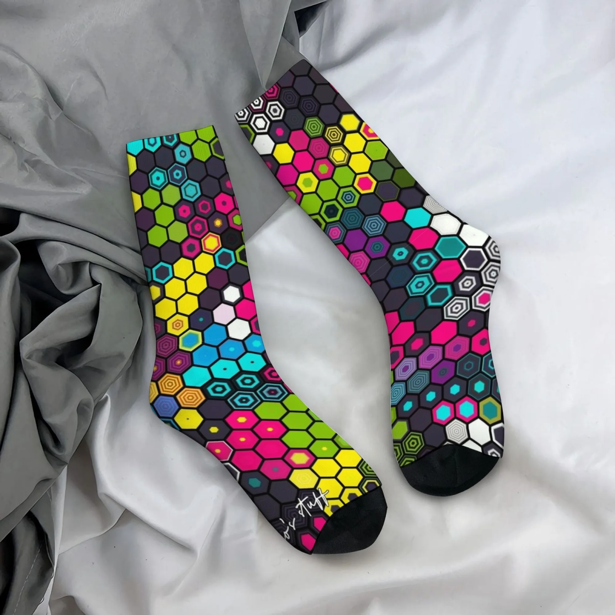 

Neon Honeycomb Print Socks Slim Fit Durable Lightweight Men's Cycling Hiking Music Festivals Street Style Harajuku Everyday Wear