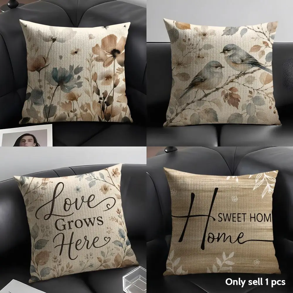 Bird Flower Pattern Cushion Cover Natural Linen Organic Fabric Double Sided Print Sofa Pillow Case Home Decor Gift