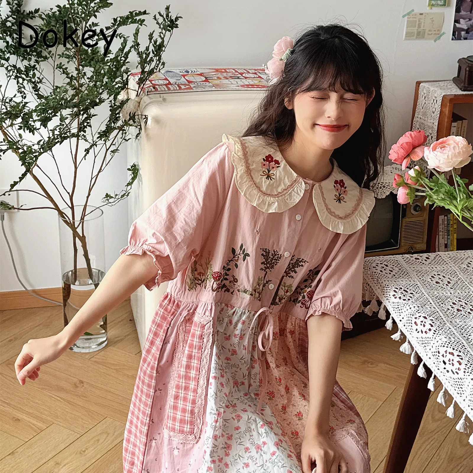 

Mori Girl Lace-up Kawaii Patchwork Dress Women 2025 Summer Vintage Peter pan collar Embroidery Puff Sleeve A-line Vestido Mujer