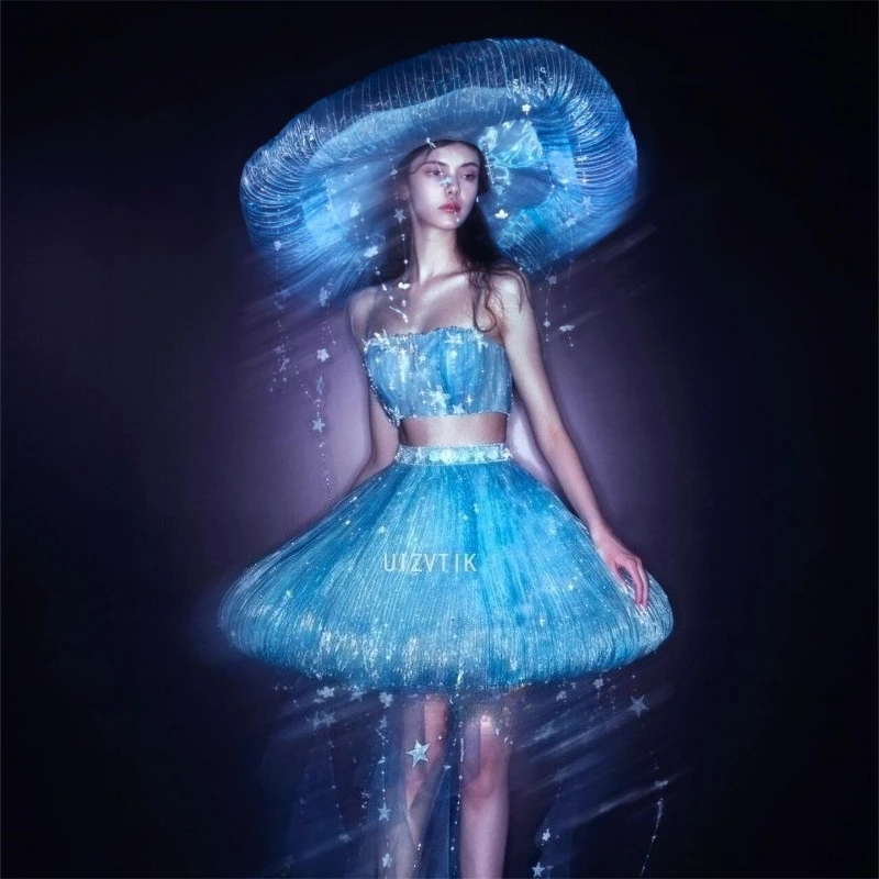 Blue Luxury Sparkly 3PCS Prom Dresses Starfish Beaded Tulle Ball Gown Seaside Photoshoot Dress Ocean Theme Party Evening Dress